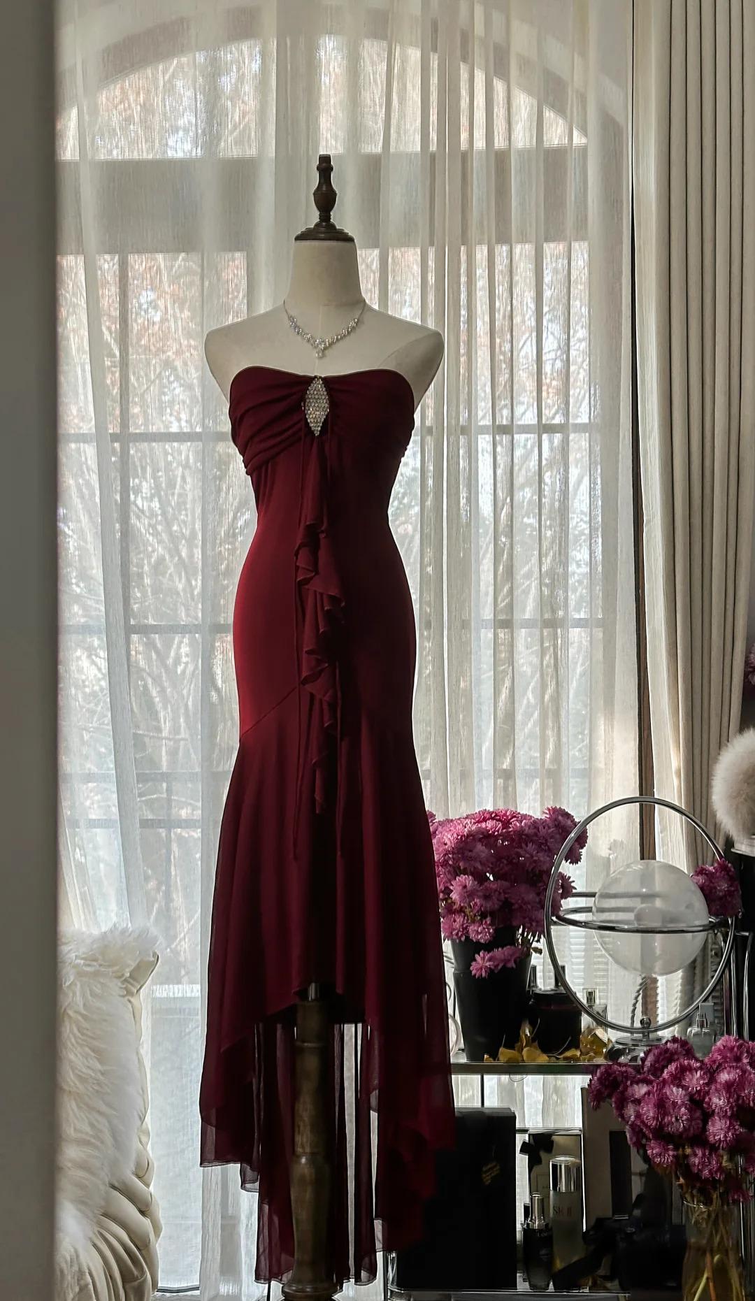 Vintage Red Mermaid Strapless Chiffon Prom Dresses Graduation Prom Dresses Main image