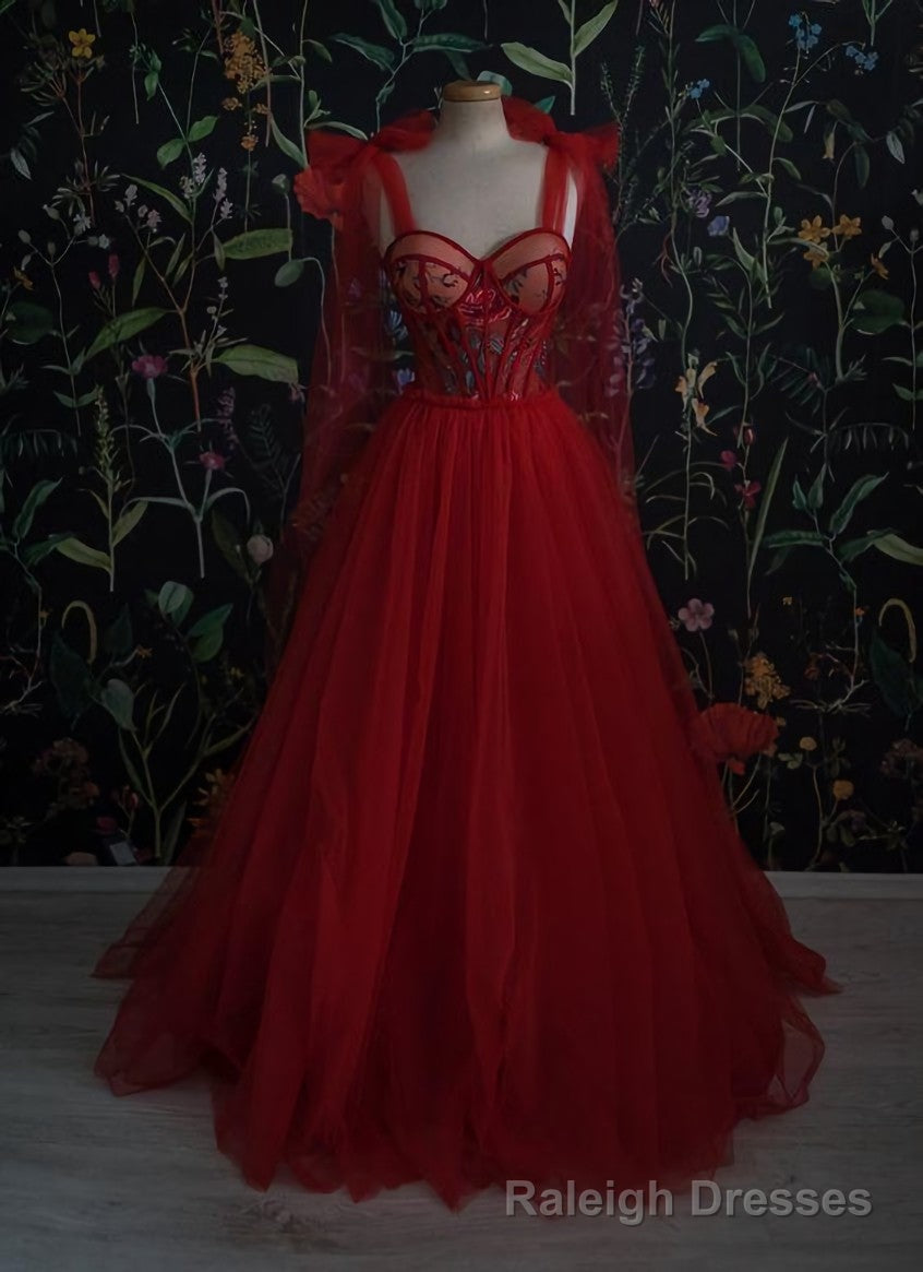 Vintage Red Tulle Prom Dress,Women Evening Gowns with Flowers