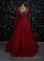 Vintage Red Tulle Prom Dress,Women Evening Gowns with Flowers