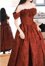 Vintage Rose Burgundy Off-The-Shoulder Jacquard Satin Long Formal Prom Dress