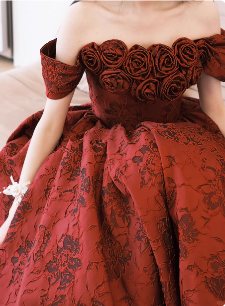 Vintage Rose Burgundy Off-The-Shoulder Jacquard Satin Long Formal Prom Dress