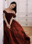 Vintage Rose Burgundy Off-The-Shoulder Jacquard Satin Long Formal Prom Dress