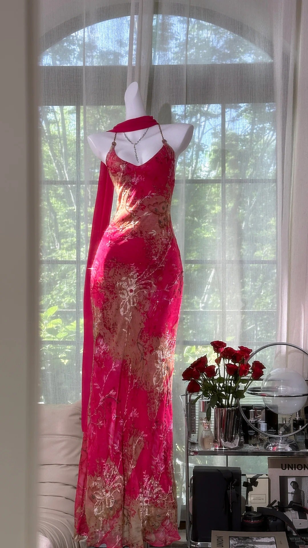 Vintage Rose Pink Floral Mermaid Backless Chiffon Long Formal Prom Dress Secondary image