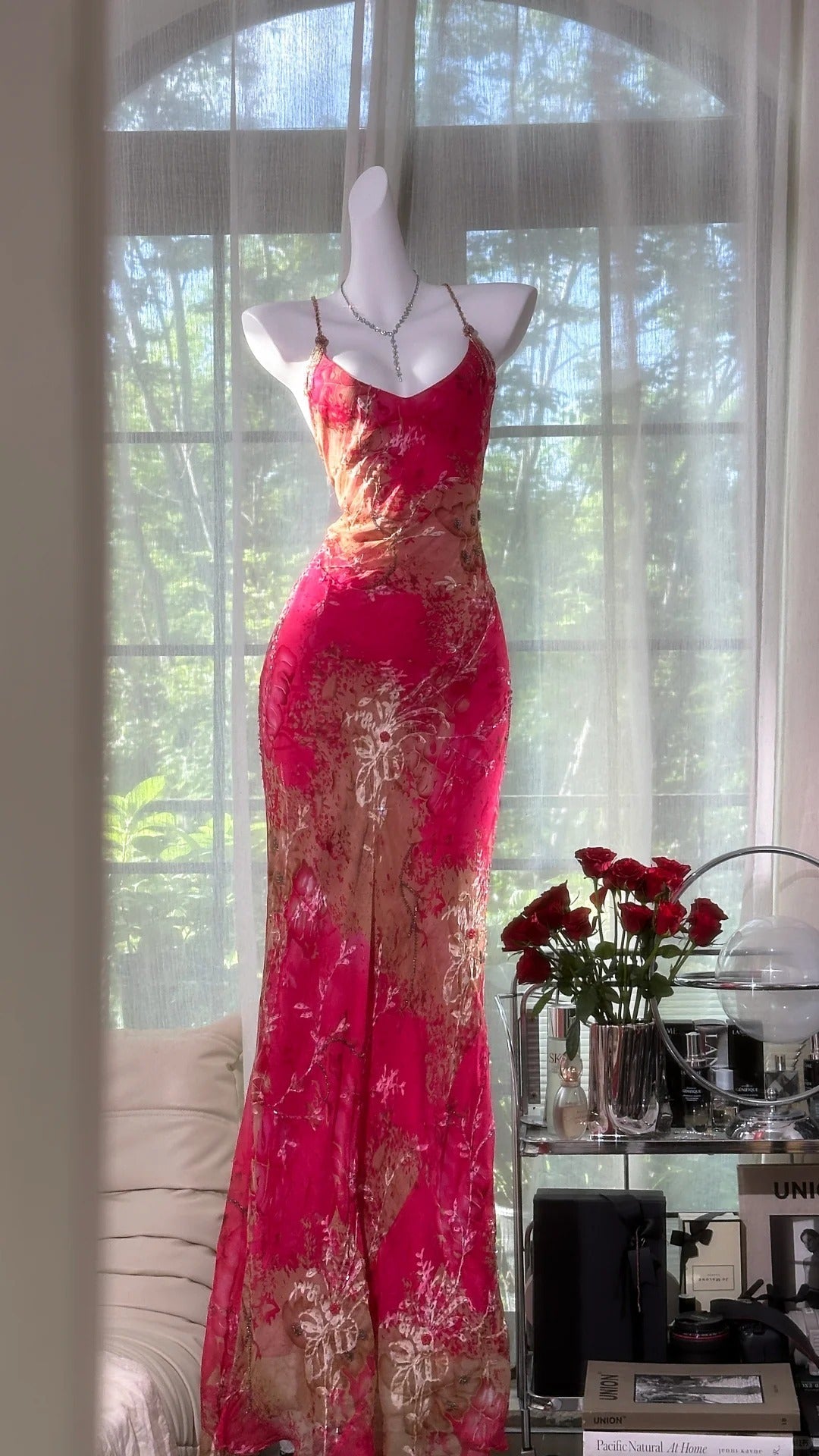 Vintage Rose Pink Floral Mermaid Backless Chiffon Long Formal Prom Dress