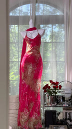 Vintage Rose Pink Floral Mermaid Backless Chiffon Long Formal Prom Dress