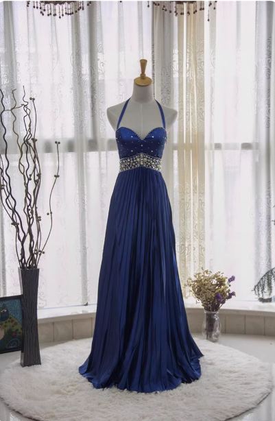 Vintage Royal Blue A-Line Halter Neck Rhinestone Satin Long Formal Prom Dress Secondary image