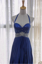 Vintage Royal Blue A-Line Halter Neck Rhinestone Satin Long Formal Prom Dress