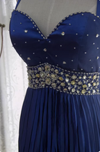 Vintage Royal Blue A-Line Halter Neck Rhinestone Satin Long Formal Prom Dress