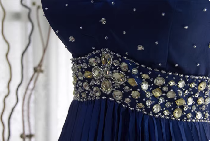 Vintage Royal Blue A-Line Halter Neck Rhinestone Satin Long Formal Prom Dress