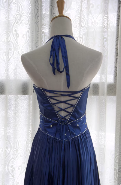 Vintage Royal Blue A-Line Halter Neck Rhinestone Satin Long Formal Prom Dress