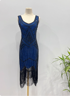 Vintage Royal Blue / Emerald Green Slim-Fit Spaghetti Strap Fringe Sequin Midi Formal Prom Dress