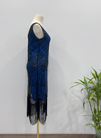 Vintage Royal Blue / Emerald Green Slim-Fit Spaghetti Strap Fringe Sequin Midi Formal Prom Dress