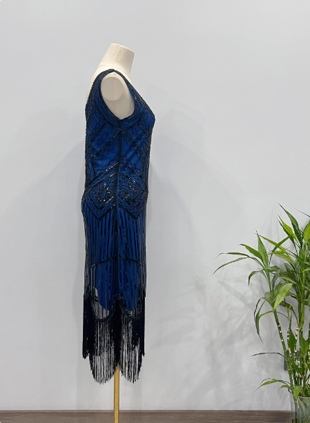 Vintage Royal Blue / Emerald Green Slim-Fit Spaghetti Strap Fringe Sequin Midi Formal Prom Dress