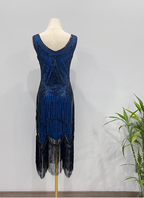Vintage Royal Blue / Emerald Green Slim-Fit Spaghetti Strap Fringe Sequin Midi Formal Prom Dress