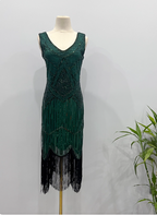 Vintage Royal Blue / Emerald Green Slim-Fit Spaghetti Strap Fringe Sequin Midi Formal Prom Dress