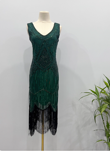 Vintage Royal Blue / Emerald Green Slim-Fit Spaghetti Strap Fringe Sequin Midi Formal Prom Dress