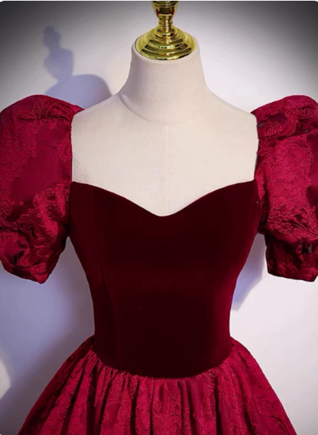 Vintage Royal Burgundy A-Line Puff Sleeve Velvet Satin Long Formal Prom Dress Secondary image