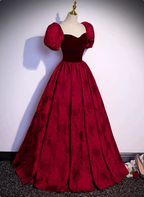 Vintage Royal Burgundy A-Line Puff Sleeve Velvet Satin Long Formal Prom Dress