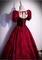 Vintage Royal Burgundy A-Line Puff Sleeve Velvet Satin Long Formal Prom Dress