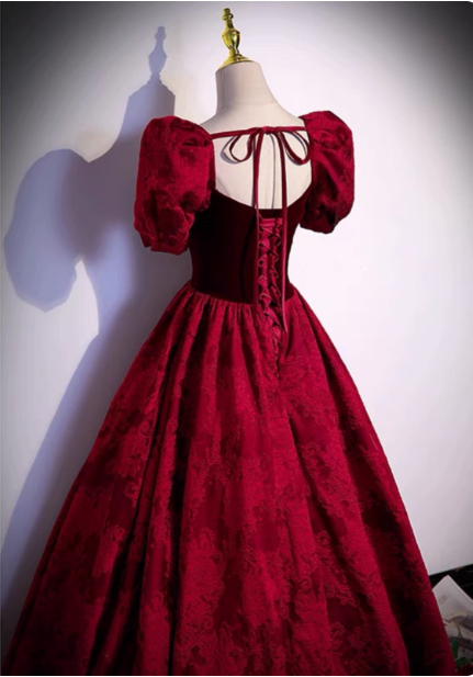 Vintage Royal Burgundy A-Line Puff Sleeve Velvet Satin Long Formal Prom Dress