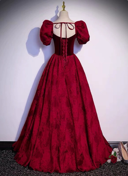 Vintage Royal Burgundy A-Line Puff Sleeve Velvet Satin Long Formal Prom Dress