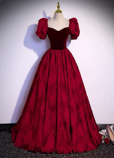 Vintage Royal Burgundy A-Line Puff Sleeve Velvet Satin Long Formal Prom Dress