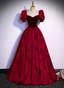 Vintage Royal Burgundy A-Line Puff Sleeve Velvet Satin Long Formal Prom Dress