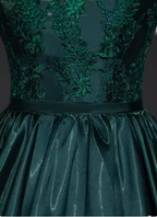 Vintage Royal Emerald Green Crew Neck A-Line Embroidered Satin Long Formal Prom Dress