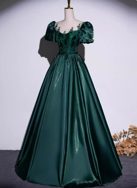 Vintage Royal Emerald Green Crew Neck A-Line Embroidered Satin Long Formal Prom Dress