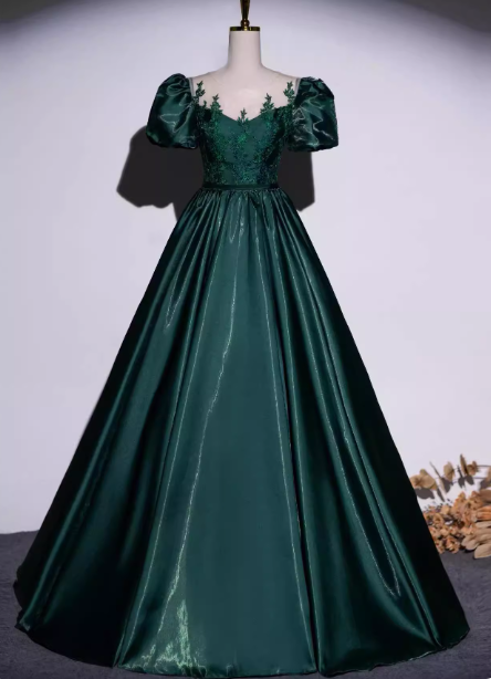 Vintage Royal Emerald Green Crew Neck A-Line Embroidered Satin Long Formal Prom Dress