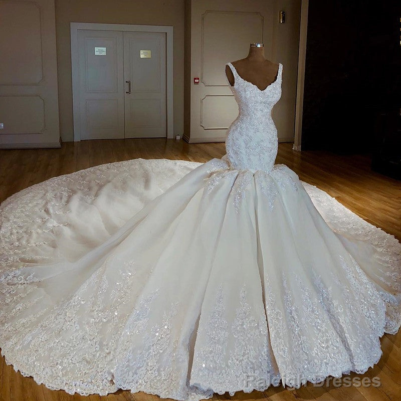 Vintage Royal Train Satin Mermaid V-Neck Wedding Dress Lace Embroidery