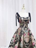 Vintage Satin Straps Floral Long Prom Long Dresses Prom Dresses