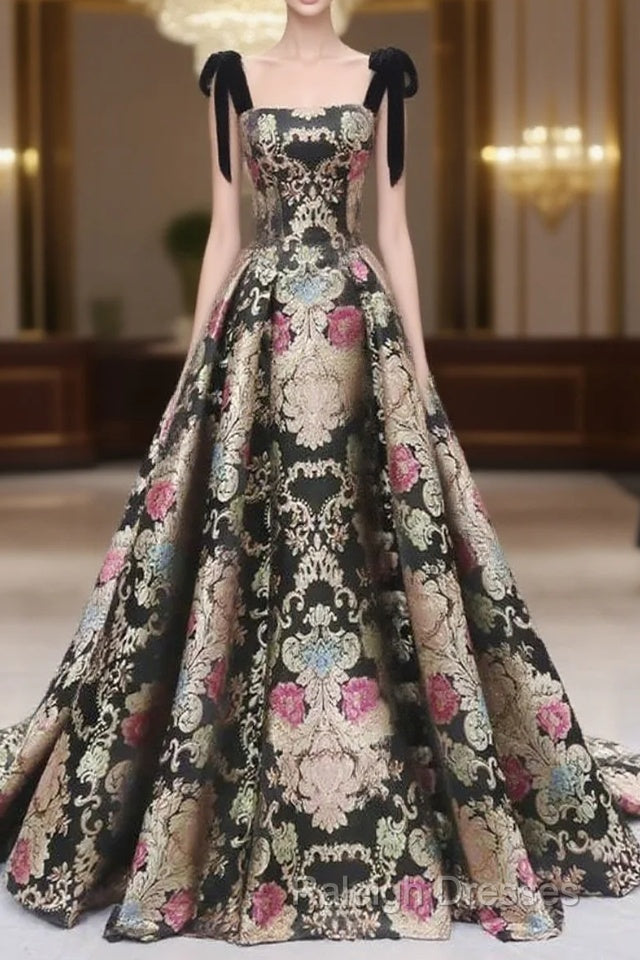 Vintage Satin Straps Floral Long Formal Evening Long Dress Prom Dress Main image