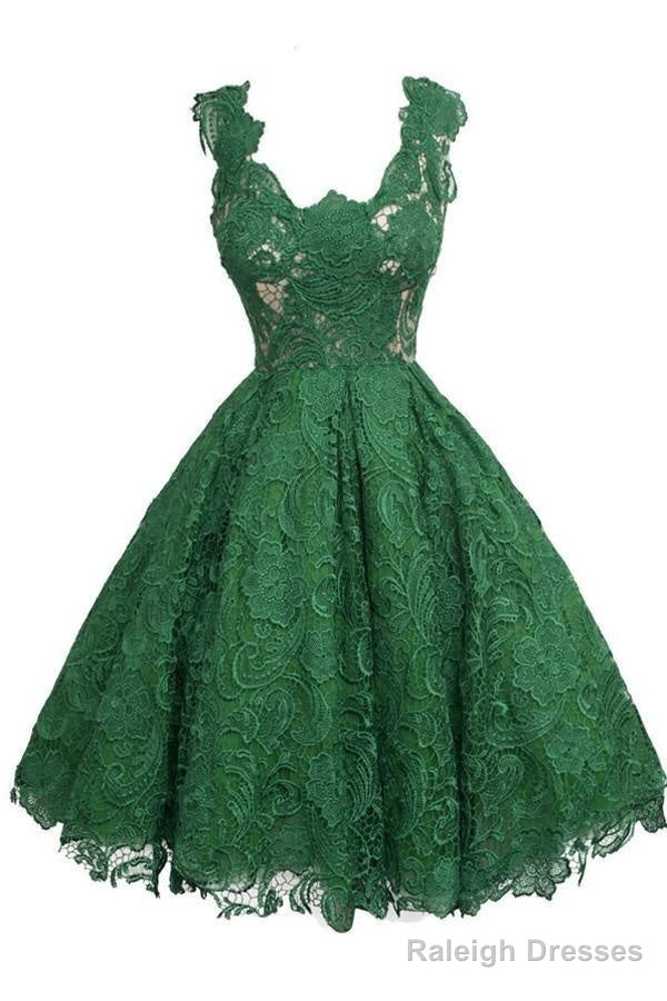 Vintage Scoop Knee-Length Sleeveless Hunter Lace Homecoming Dress Main image