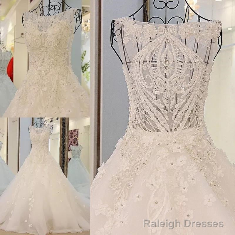 Vintage Scoop Neck Pearl And Crystal Beaded Ball Gown Wedding Dress