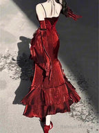 Vintage Sheath Irregular Ruffled Spaghetti Straps WomenS Burgundy Birthday Party Dresses With Sleeves