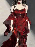 Vintage Sheath Irregular Ruffled Spaghetti Straps WomenS Burgundy Birthday Party Dresses With Sleeves