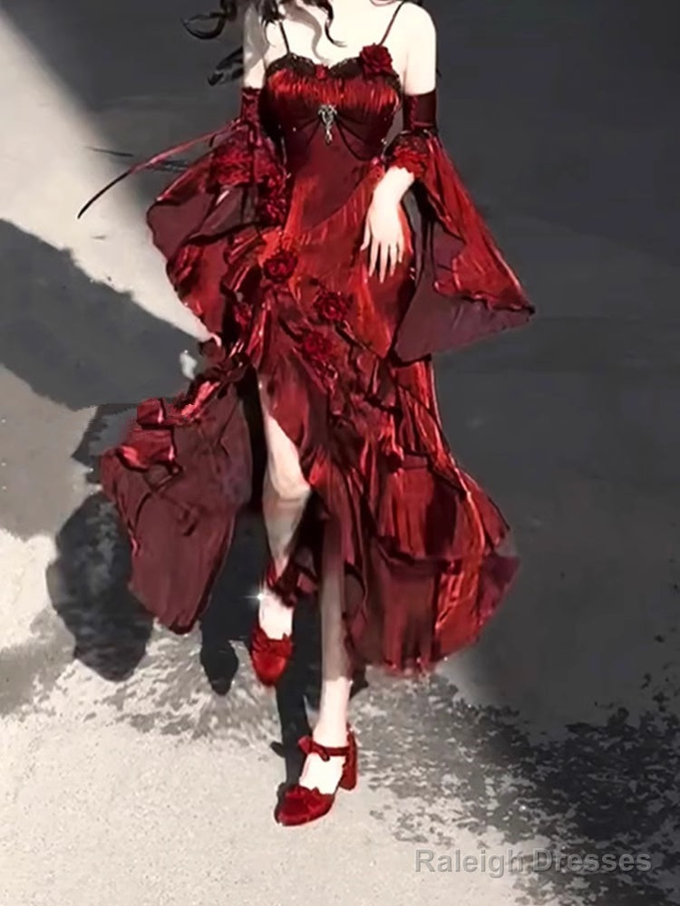 Vintage Sheath Irregular Ruffled Spaghetti Straps WomenS Burgundy Birthday Party Dresses With Sleeves