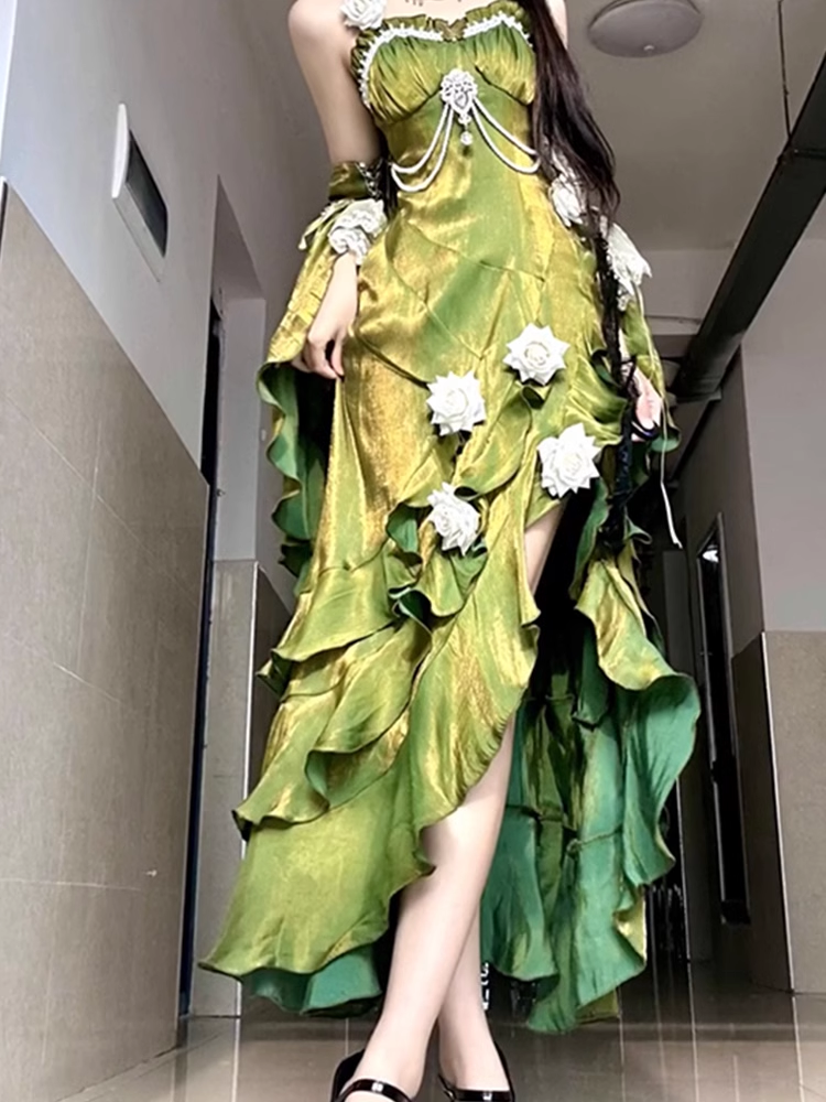 Vintage Sheath Irregular Ruffled Spaghetti Straps Women Green Birthday Prom Dress Secondary image