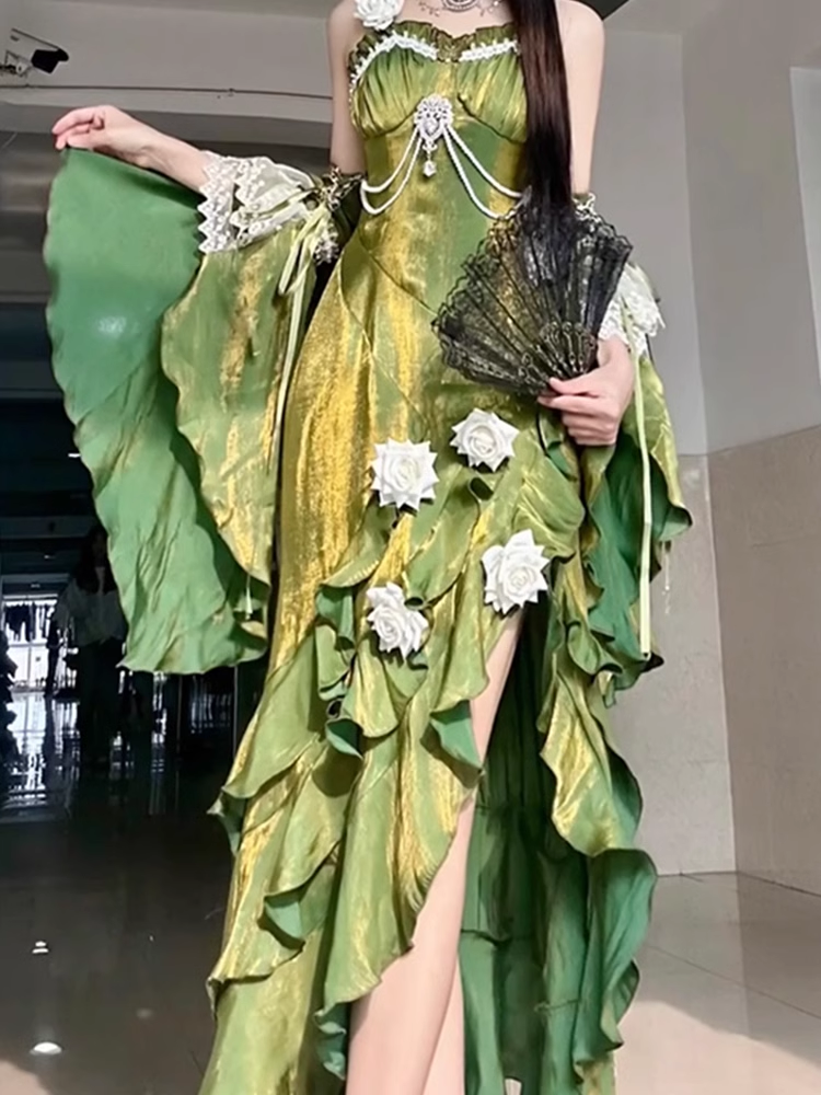 Vintage Sheath Irregular Ruffled Spaghetti Straps Women Green Birthday Prom Dress