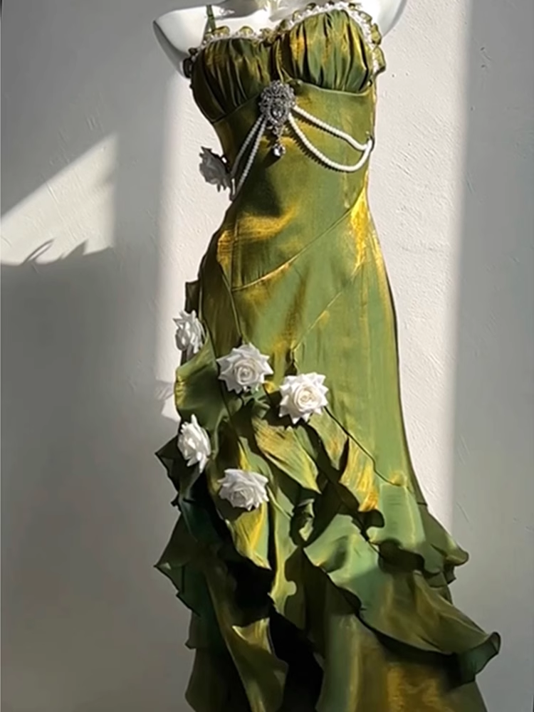 Vintage Sheath Irregular Ruffled Spaghetti Straps Women Green Birthday Prom Dress Main image