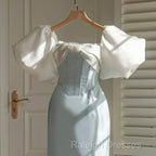 Vintage Sheath Light Sky Blue Satin Prom Dresses Evening Dress