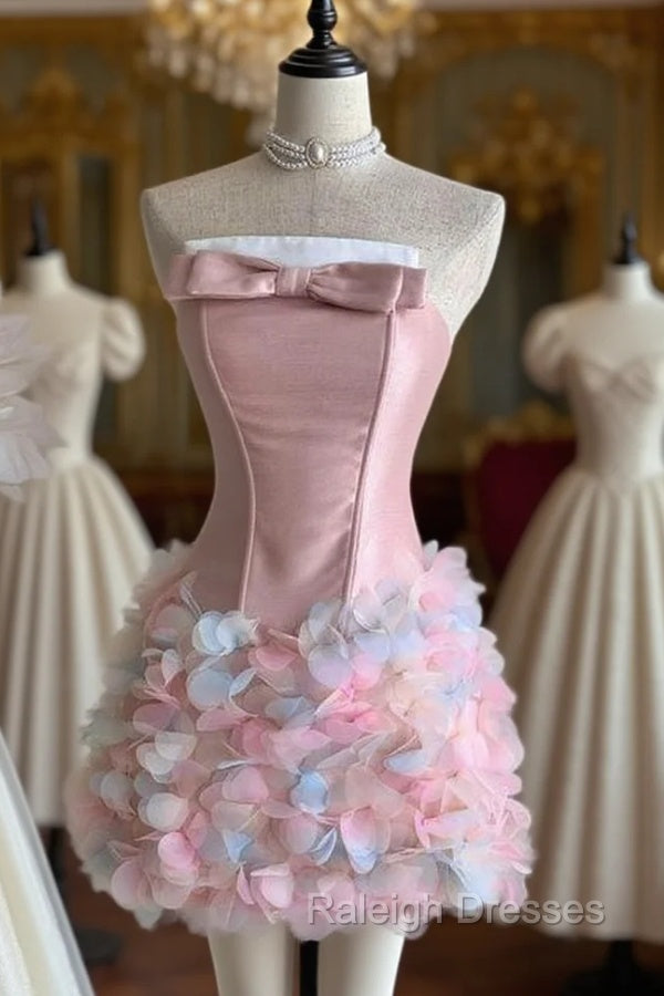 Vintage Strapless Sheath Short Birthday Dress Pink Satin Graduation Homecoming Dress