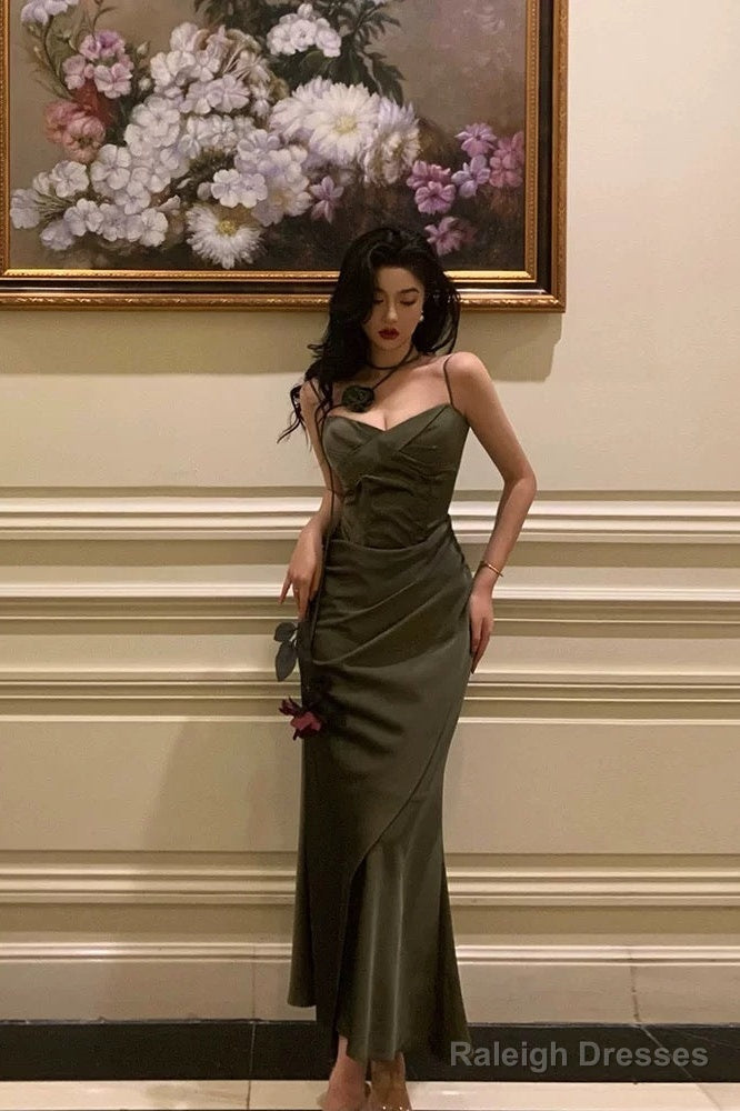 Vintage Sheath Spaghetti Straps Green Satin Long Prom Dresses Evening Gowns