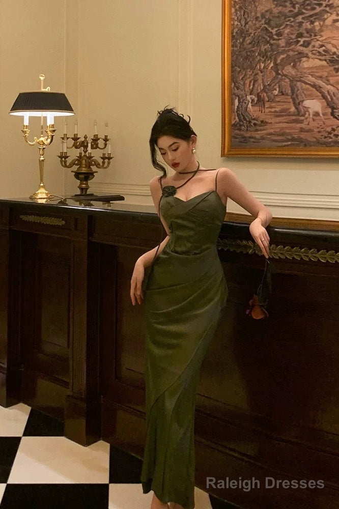 Vintage Sheath Spaghetti Straps Green Satin Long Prom Dresses Evening Gowns