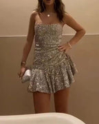 Vintage Sheath Strapless Layered Ruffle Mini Dress Sequin Homecoming Dresses 16Th Birthday Dress