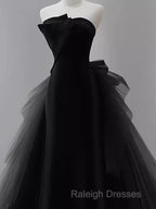 Vintage Sheath Strapless Satin Black Tulle Long Prom Dress Formal Dresses