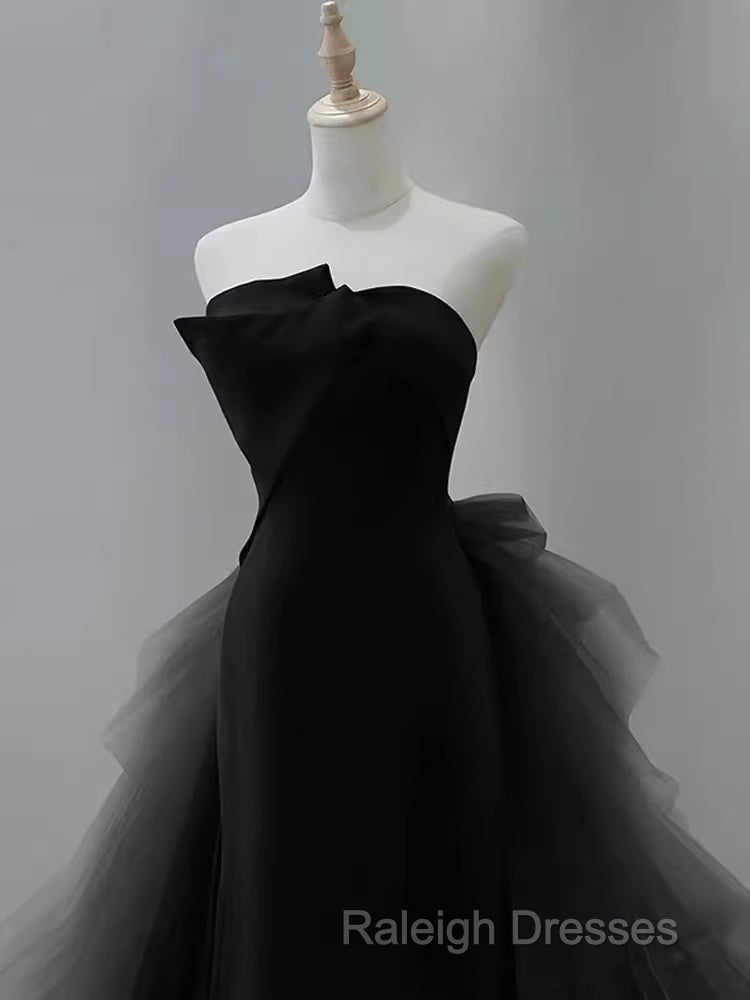 Vintage Sheath Strapless Satin Black Tulle Long Prom Dress Formal Dresses