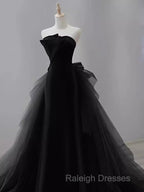 Vintage Sheath Strapless Satin Black Tulle Long Prom Dress Formal Dresses