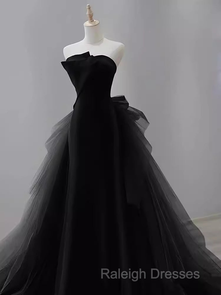 Vintage Sheath Strapless Satin Black Tulle Long Prom Dress Formal Dresses
